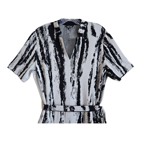 MISOOK Women's L Dress Midi Brushstroke Pattern Black Gray Tie Belt Knit Classic - Picture 2 of 9